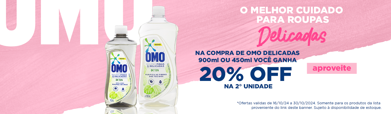 LAVA ROUPAS LÍQUIDO OMO DELICADAS 900ML, 450ML 20% OFF NA 2ª UNIDADE